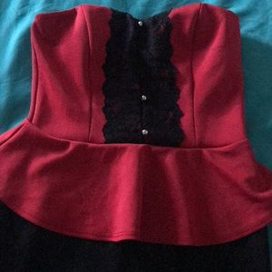 Red and black strapless mini dress